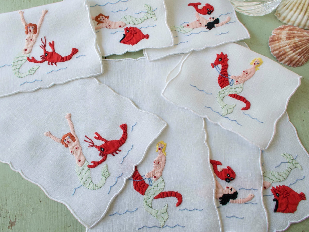 Mermaids &amp; Sea Creatures, Vintage Madeira Cocktail Napkins, Set of 8