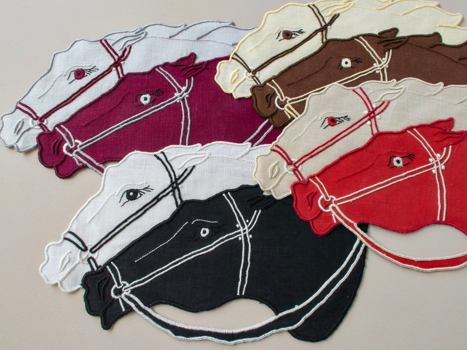 Vintage Madeira cocktail napkins, set of 8, hand embroidered horse heads in burgundy, black, brown and red on linen