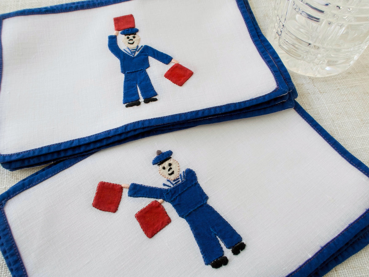 Semaphore Signals Vintage Linen Cocktail Napkins, Set of 8
