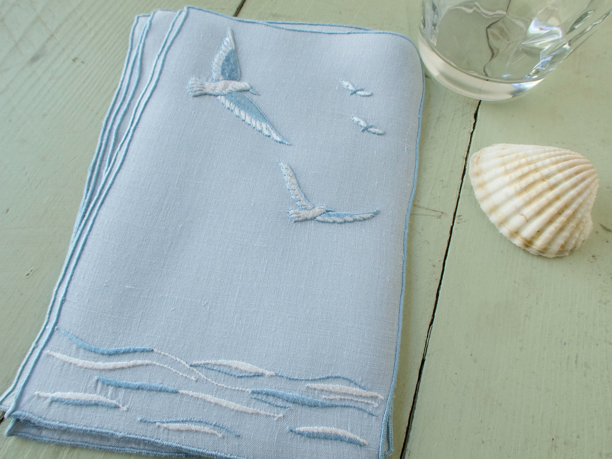 Seagulls in Flight Vintage Madeira Linen Cocktail Napkins, Set of 8