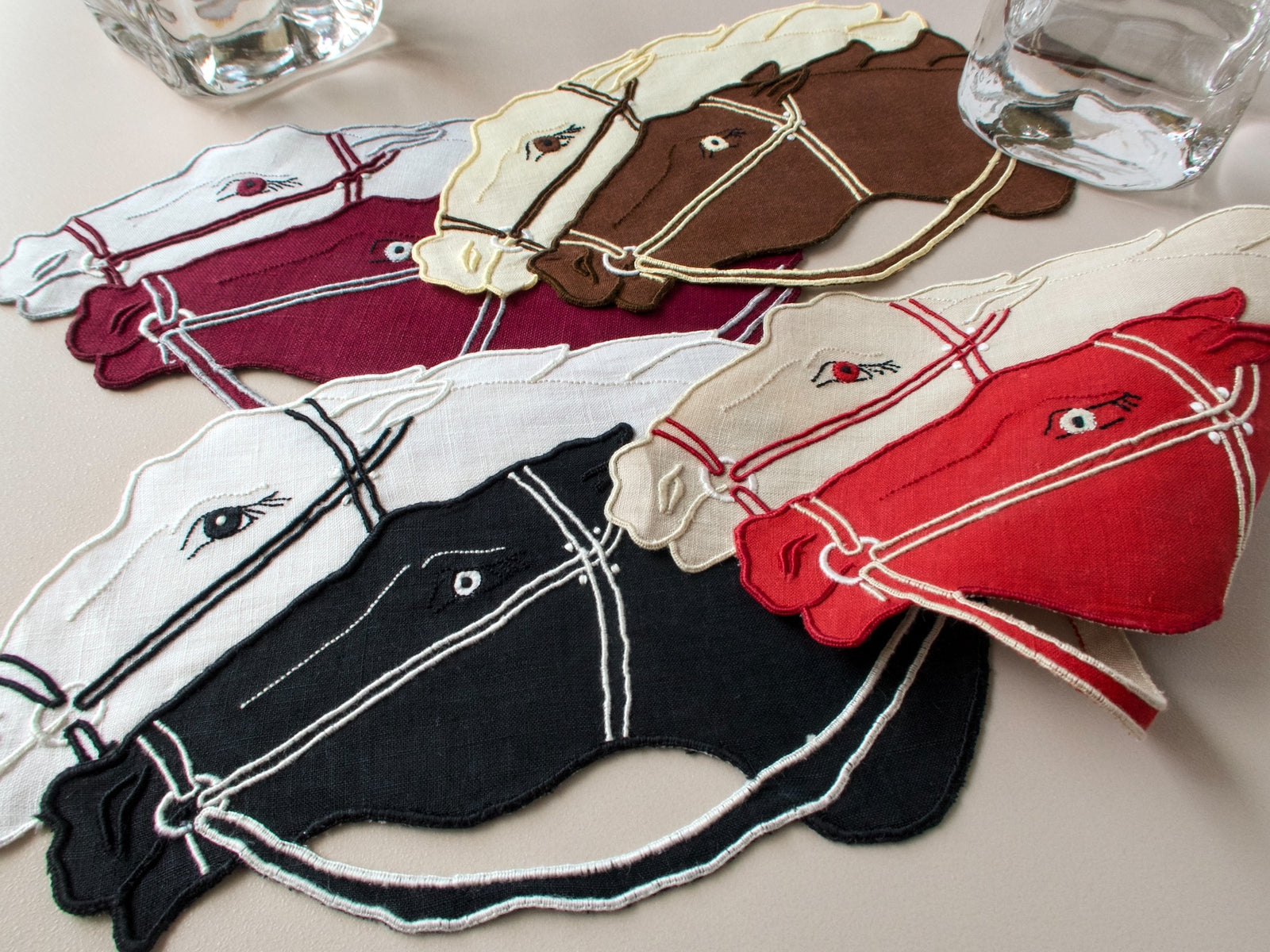 Vintage Madeira horse cocktail napkins styled on table with cocktail glasses, set of 8 hand embroidered linen napkins​​​​​​​​​​​​​​​​