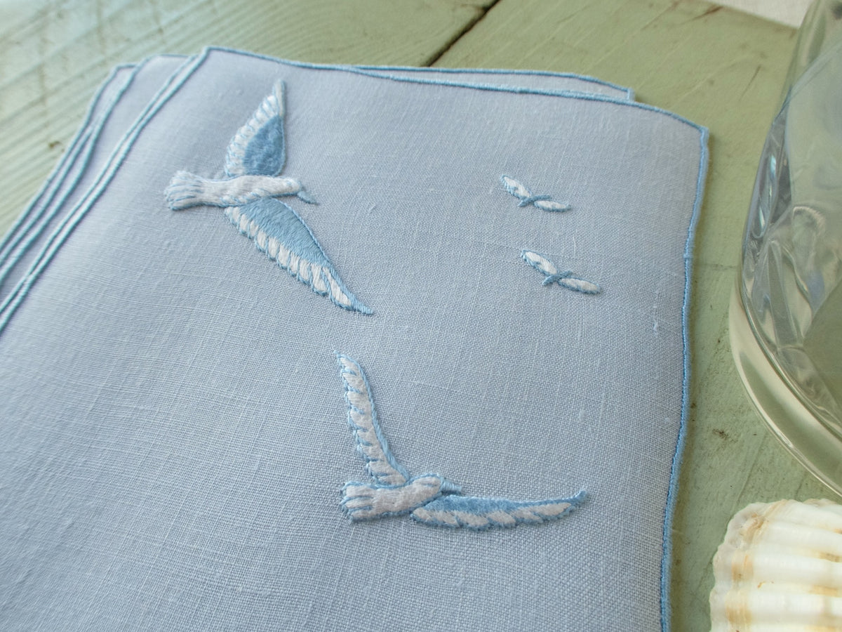 Seagulls in Flight Vintage Madeira Linen Cocktail Napkins, Set of 8