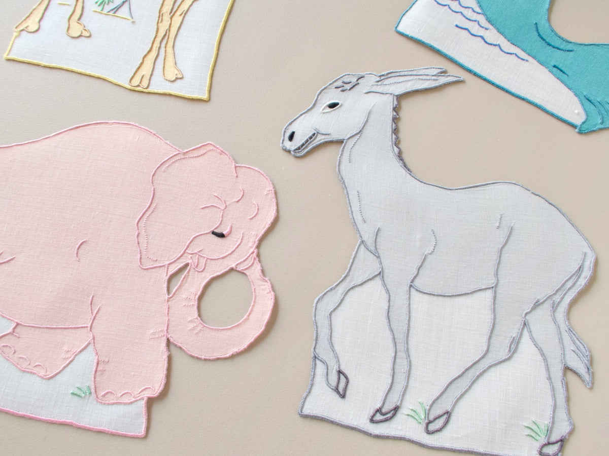 Vintage Madeira hand embroidered cocktail napkins, pink elephant and gray donkey silhouettes, fine linen