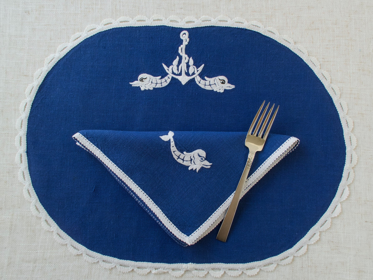 Dolphins &amp; Anchors Vintage Nautical Linen Placemat Set for 8