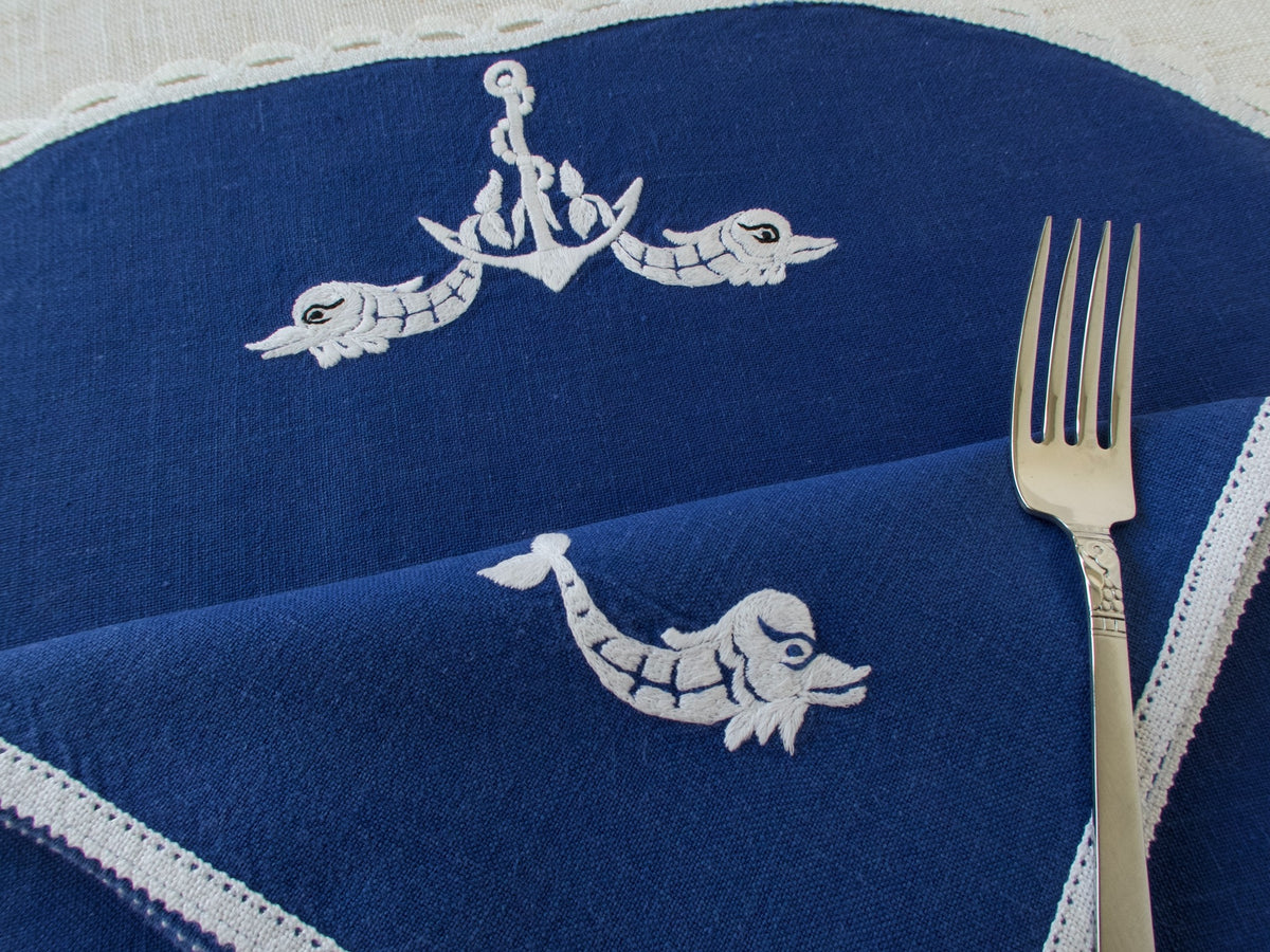 Dolphins &amp; Anchors Vintage Nautical Linen Placemat Set for 8