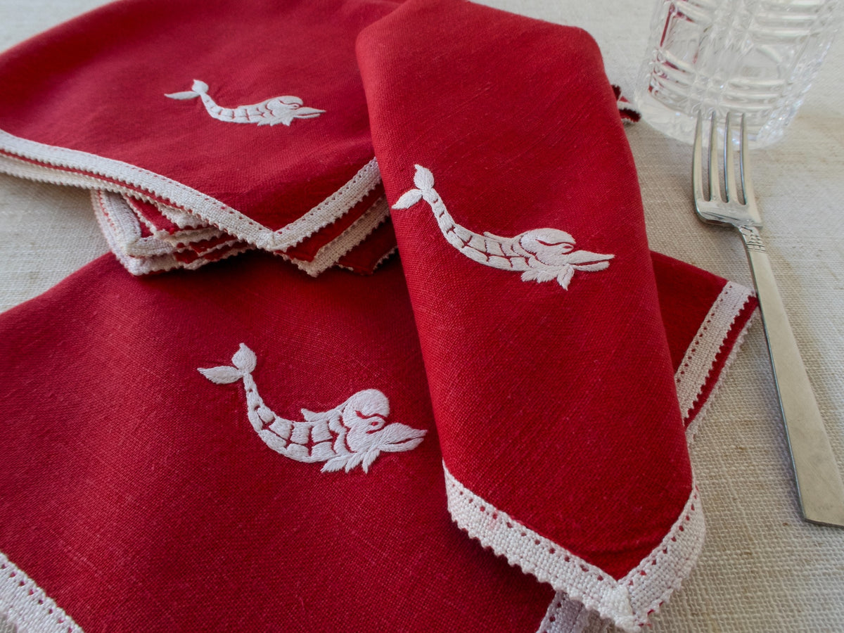 Dolphins Vintage Nautical Table Napkins on Red Linen, Set of 8