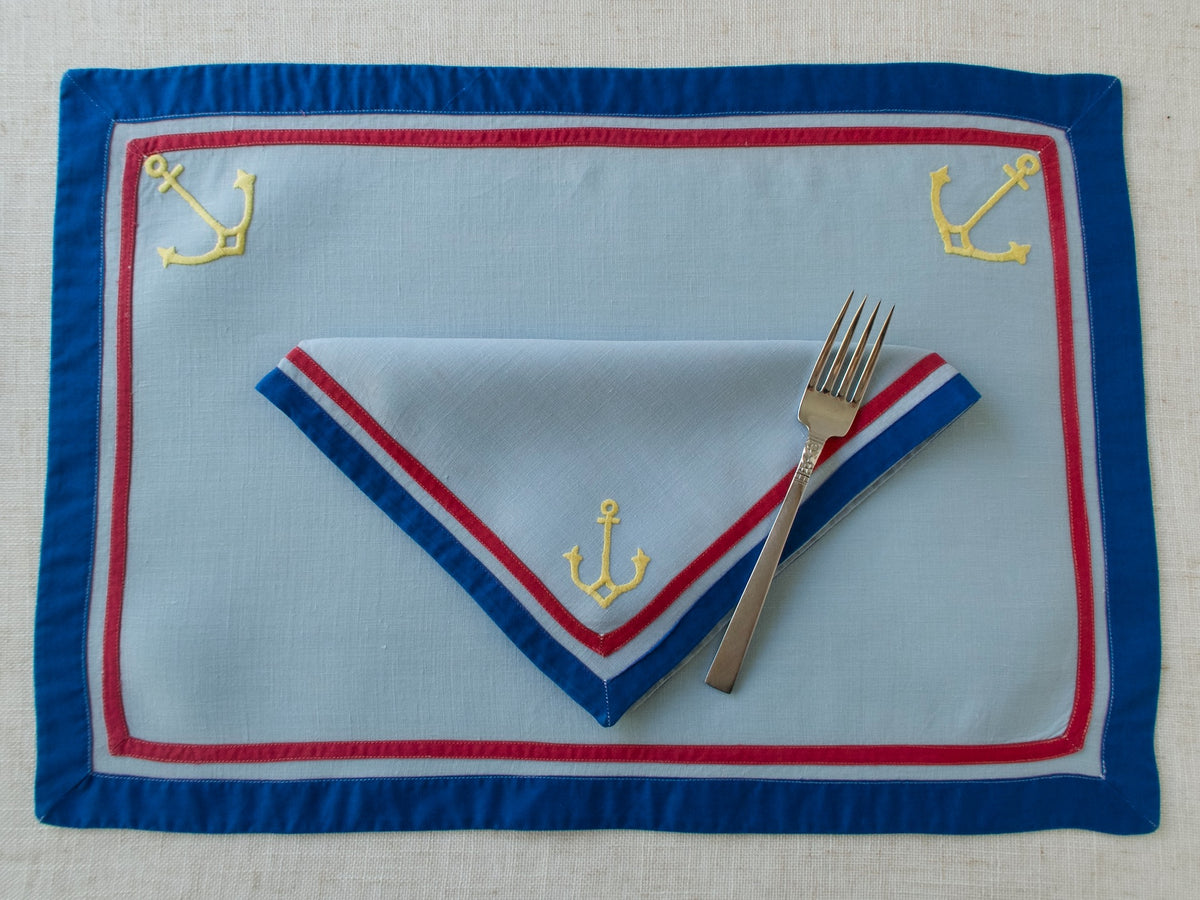 Anchors Vintage Nautical Theme Linen Placemat Set for 4
