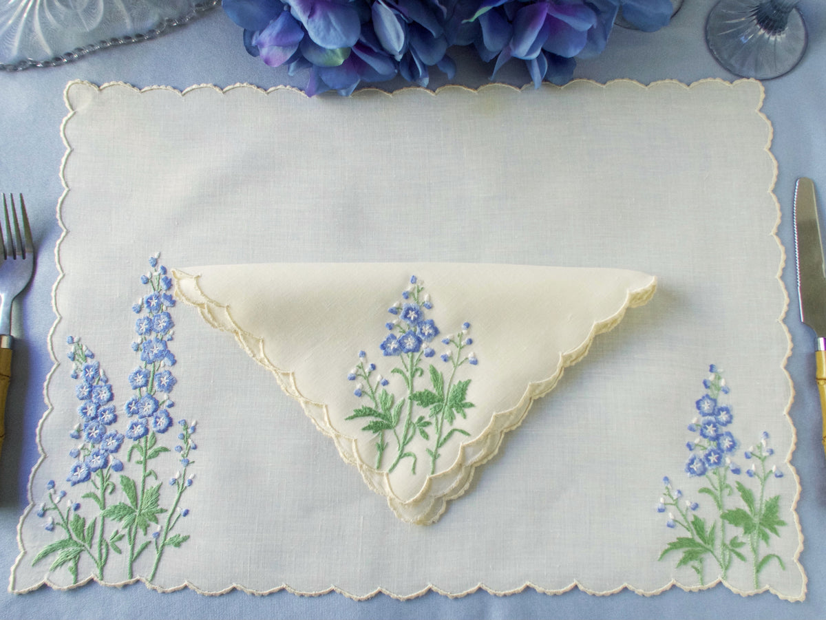 Delphiniums Vintage Madeira Linen 16pc Placemat Set for 8