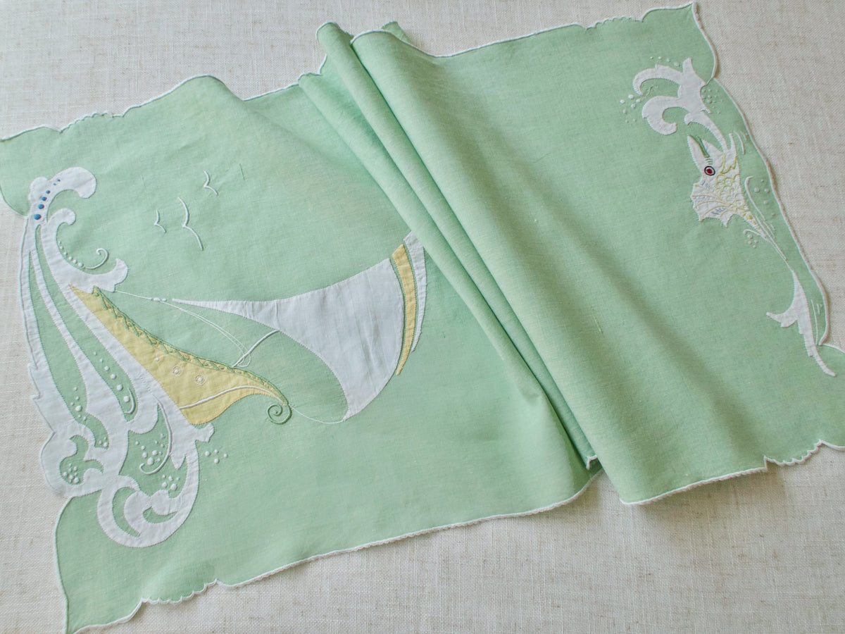 Sailboat &amp; Fish Vintage Madeira Linen Table Runner, 16x41&quot;