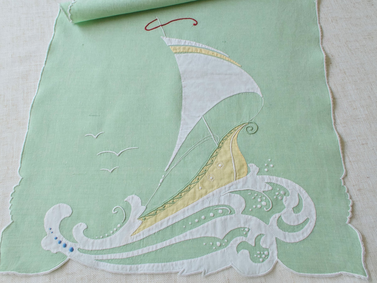 Sailboat &amp; Fish Vintage Madeira Linen Table Runner, 16x41&quot;