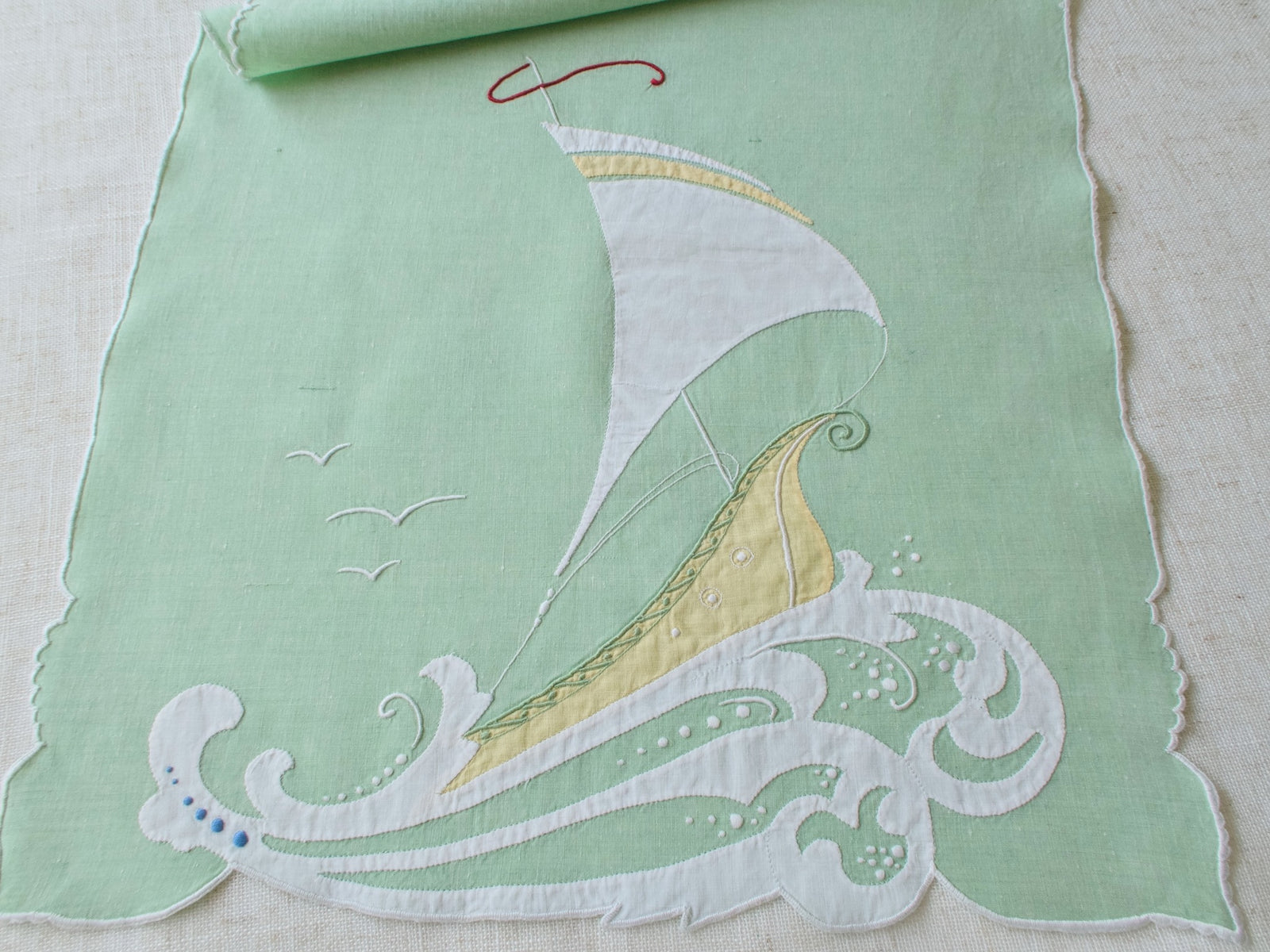 Sailboat & Fish Vintage Madeira Linen Table Runner, 16x41"