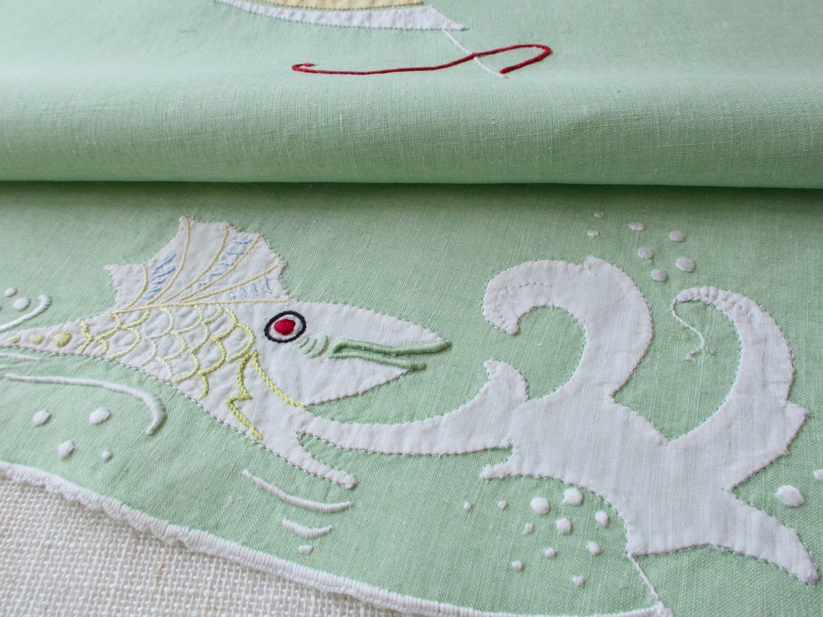 Sailboat & Fish Vintage Madeira Linen Table Runner, 16x41"