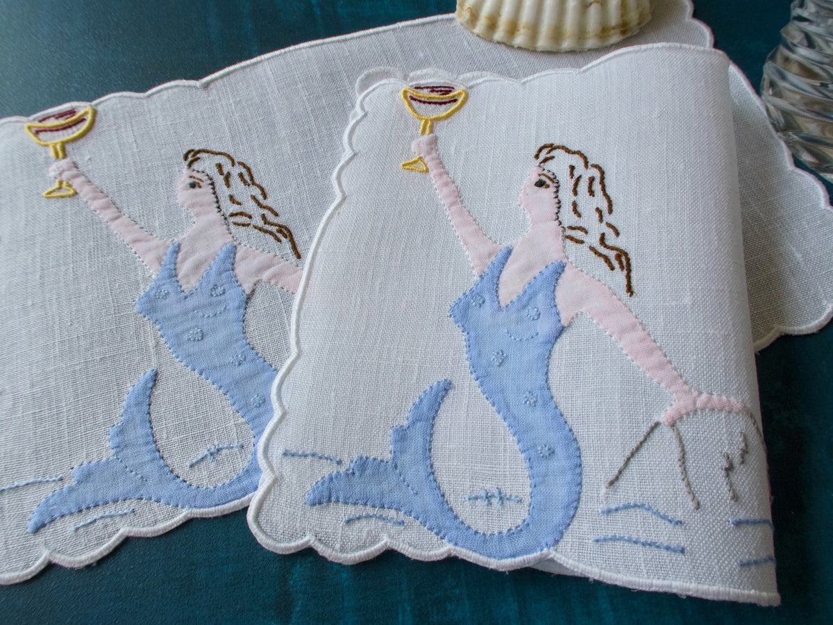 Mermaid Toast Vintage Madeira Linen Cocktail Napkins, Pair