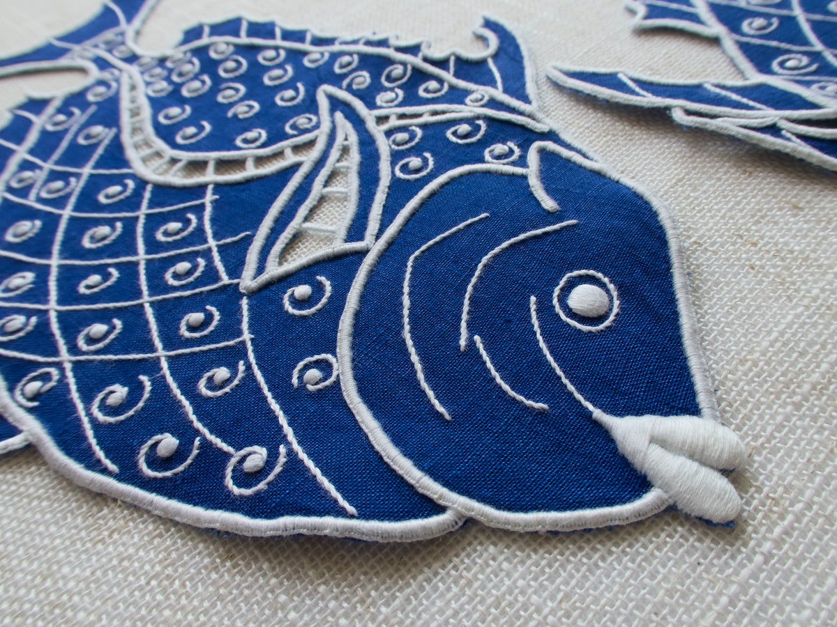 A Trio of Blue Cutwork Fish, Vintage Madeira Linens