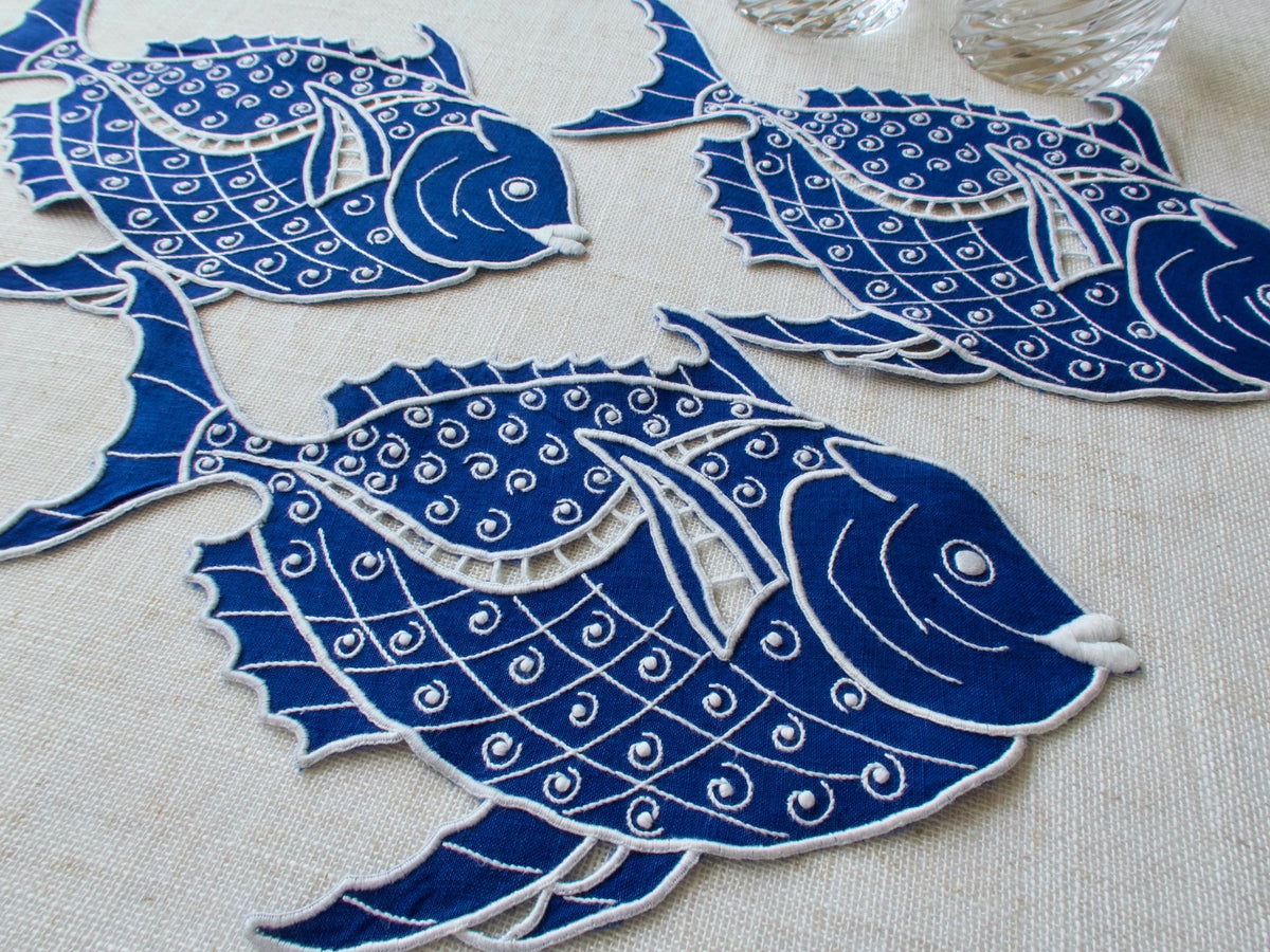 A Trio of Blue Cutwork Fish, Vintage Madeira Linens