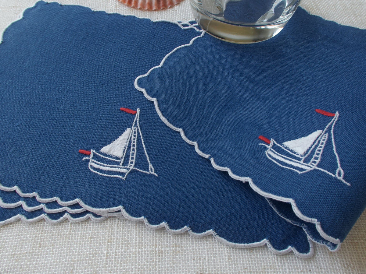 Sailboat Vintage Madeira Linen Cocktail Napkins, Set of 4