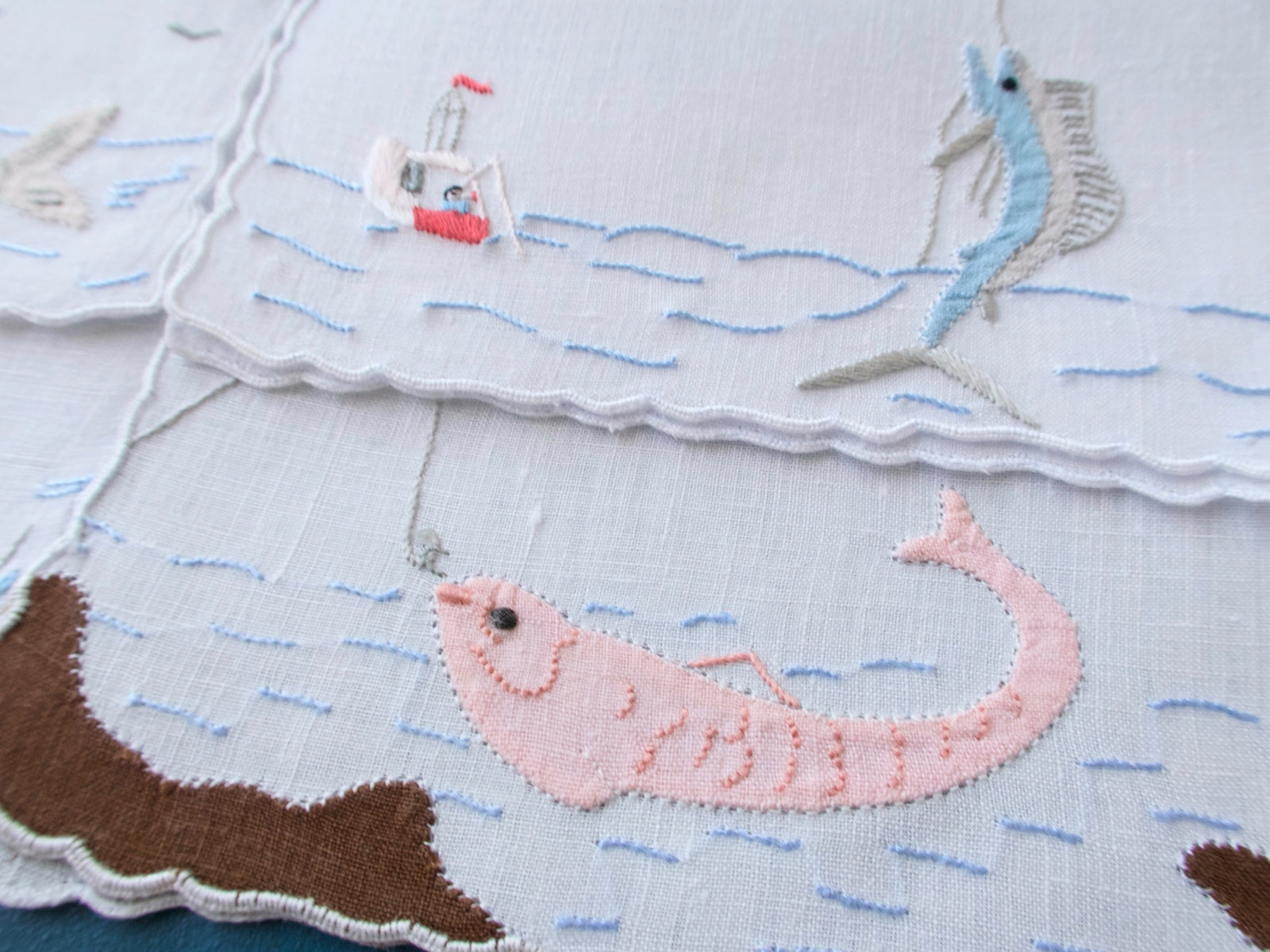 Fishing Vintage Madeira Linen Cocktail Napkins, Set of 4