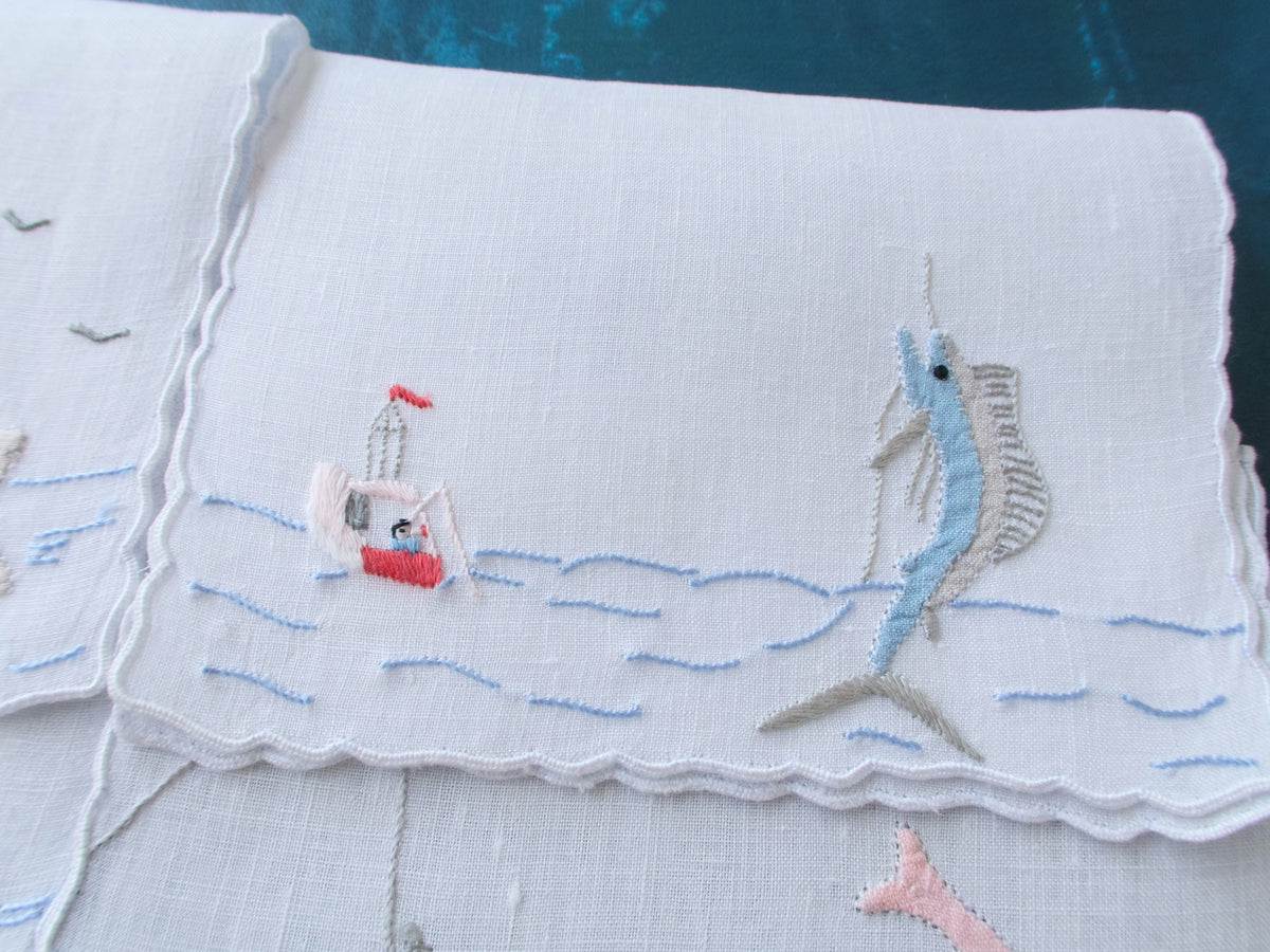 Fishing Vintage Madeira Linen Cocktail Napkins, Set of 4