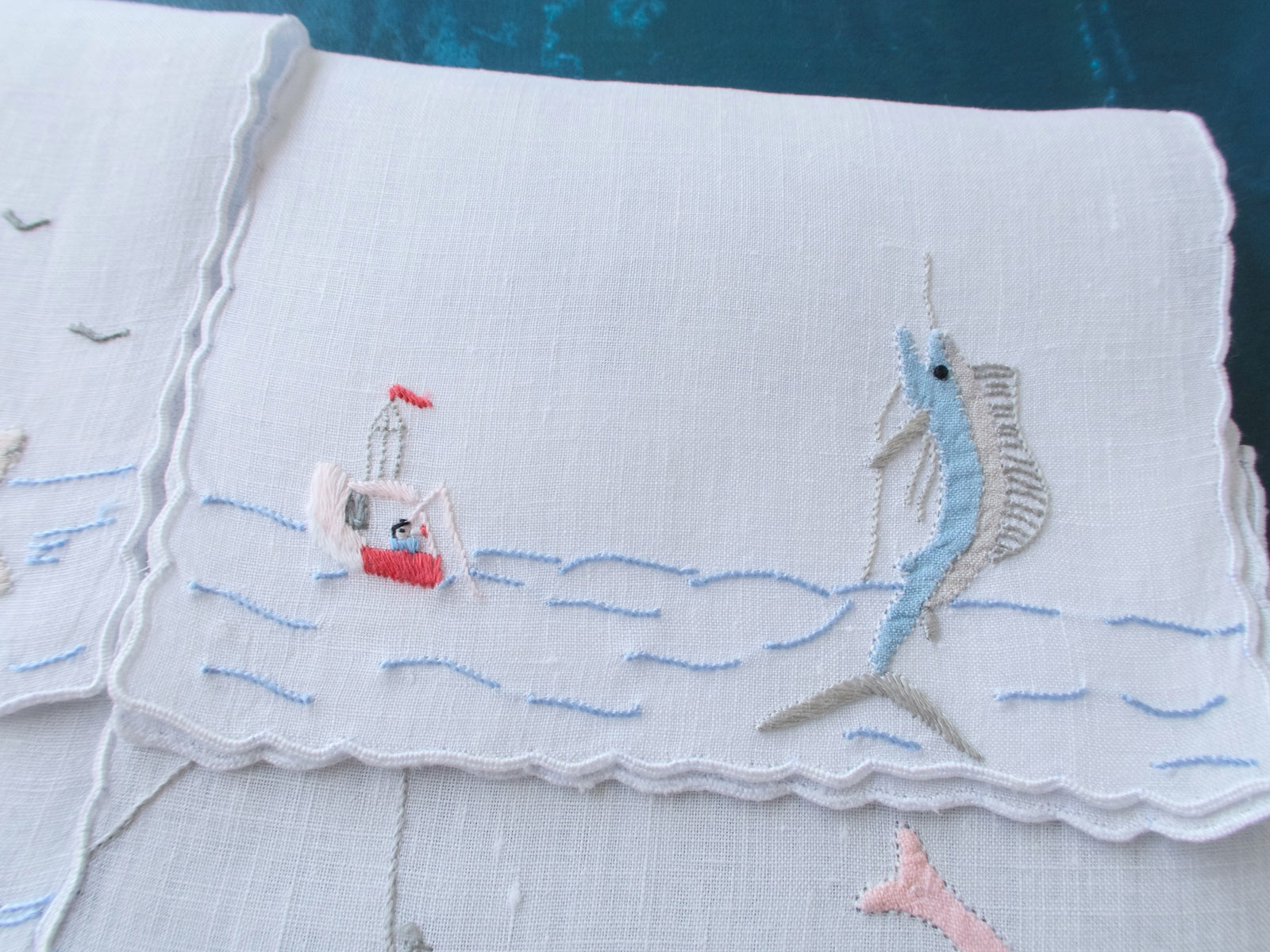 Fishing Vintage Madeira Linen Cocktail Napkins, Set of 4