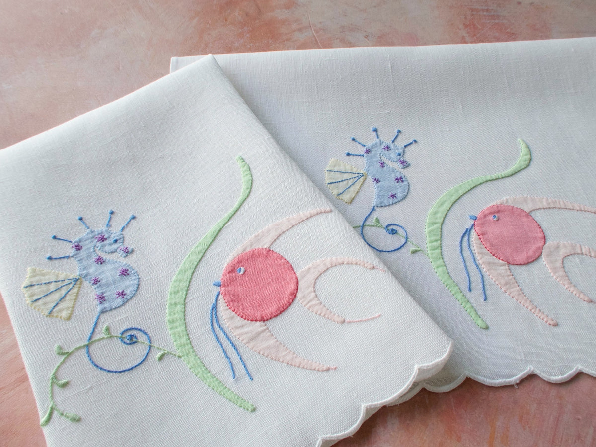 Midcentury Seahorse Linen Guest Towels, Set of 2