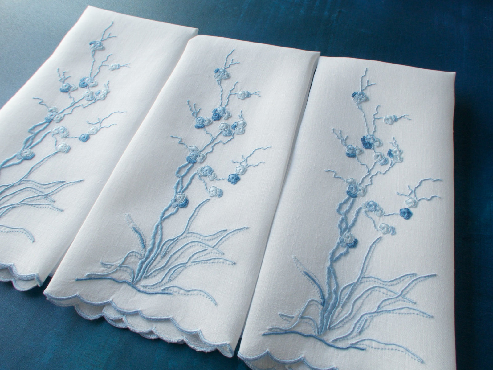 Embroidered Anemones Vintage Madeira Guest Towels, Set of 3