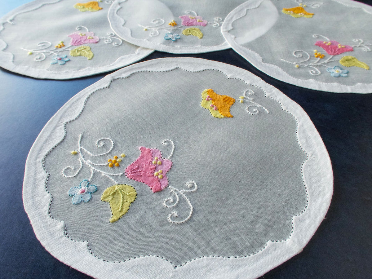 Bright Flowers Vintage Madeira Organdy Cocktail Rounds, Set of 4