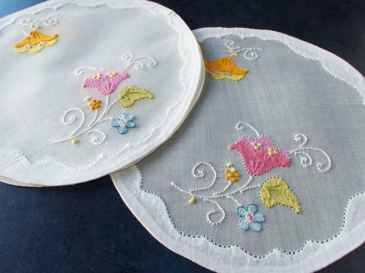 Bright Flowers Vintage Madeira Organdy Cocktail Rounds, Set of 4