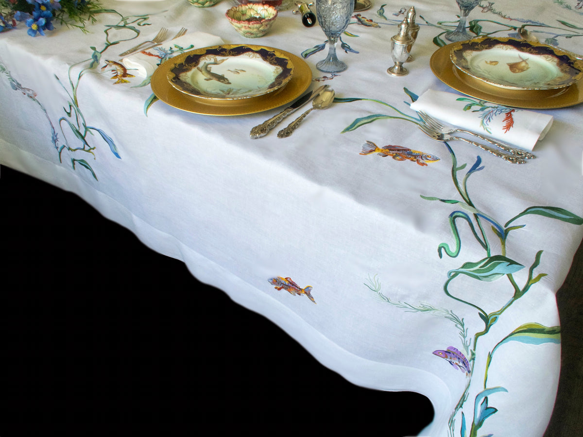 Vintage D Porthault Fish &amp; Seaweed 142&quot; Tablecloth &amp; 12 Napkins