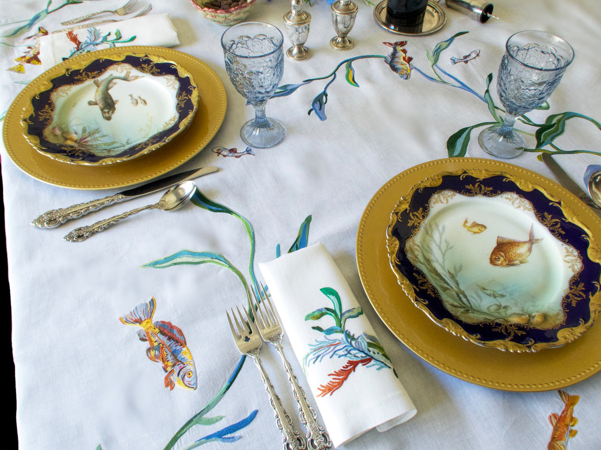 Vintage D Porthault Fish &amp; Seaweed 142&quot; Tablecloth &amp; 12 Napkins