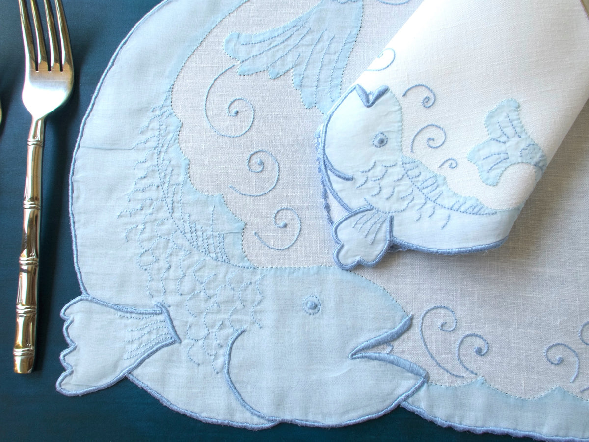 Sculpted Fish Vintage Madeira Linen 24pc Placemat Set for 12