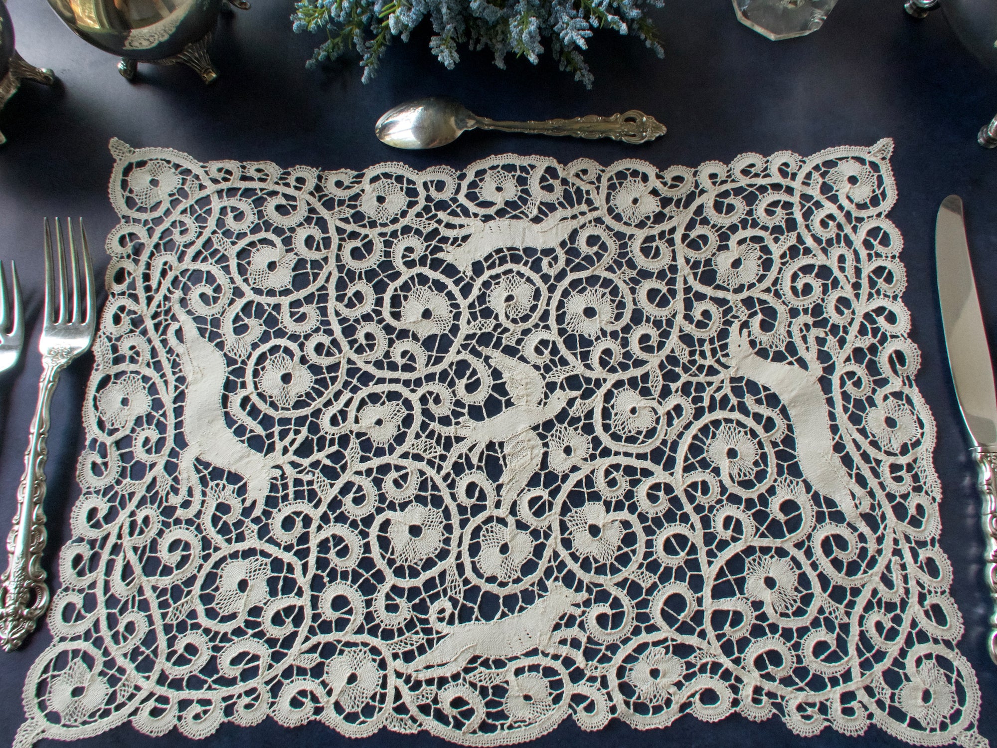 Birds, Deer & Dogs Vintage Italian Cantu Lace Placemats, Set of 12