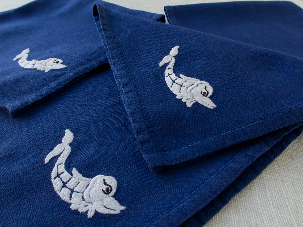 Dolphins Vintage Nautical Table Napkins on Navy Linen, Set of 12