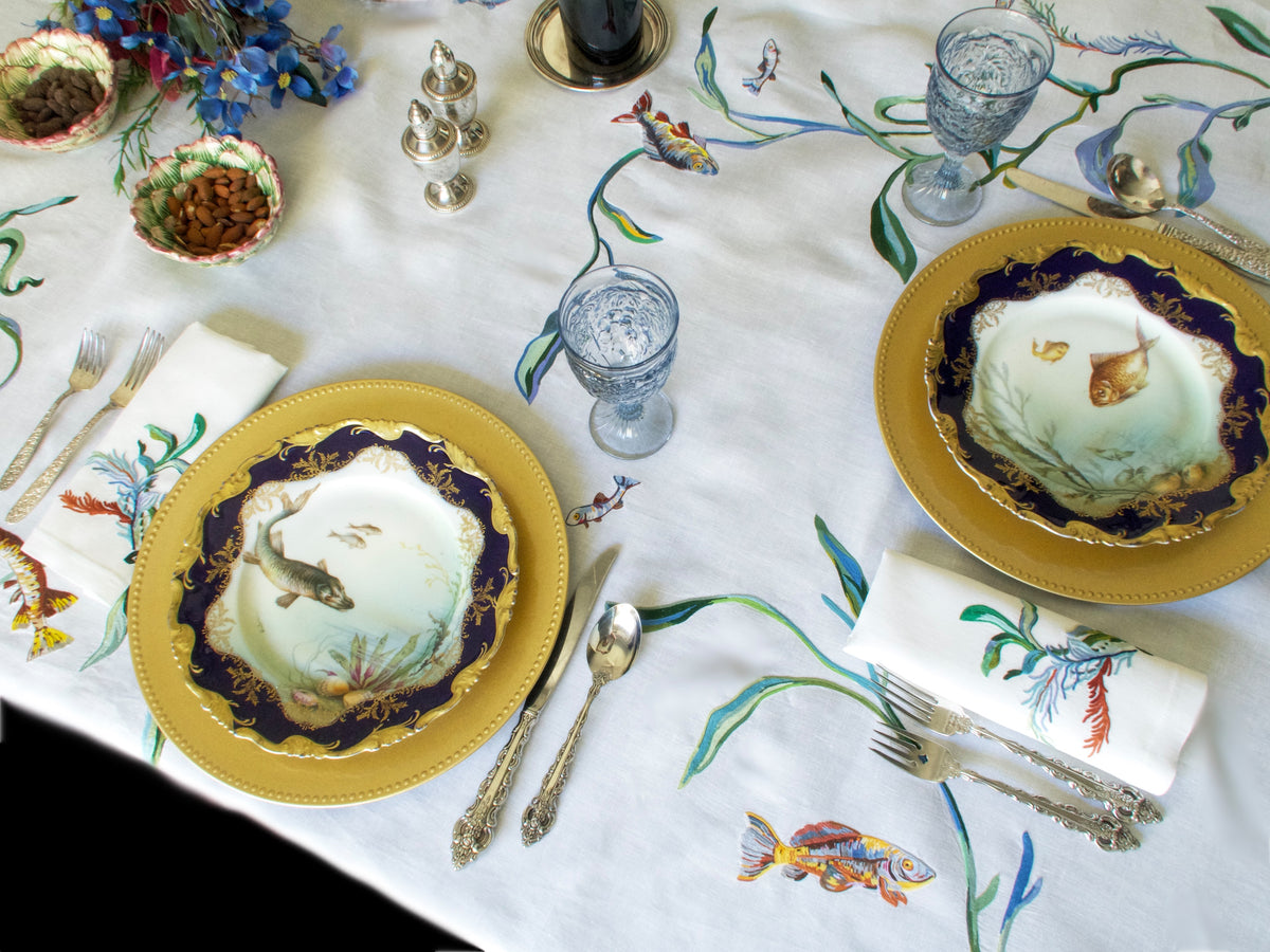 Vintage D Porthault Fish &amp; Seaweed 142&quot; Tablecloth &amp; 12 Napkins