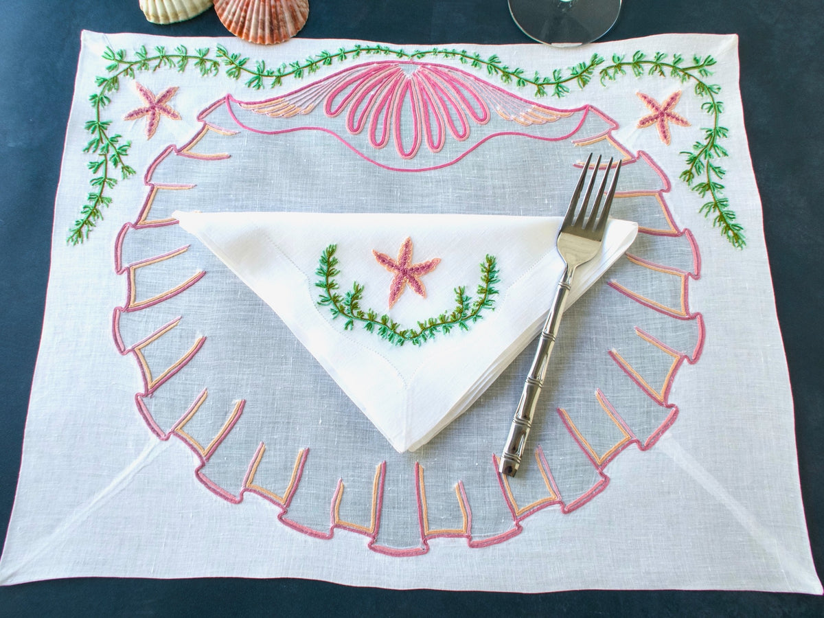 Starfish &amp; Shells in Vintage French Beauvais Embroidery 16pc Placemat Set for 8