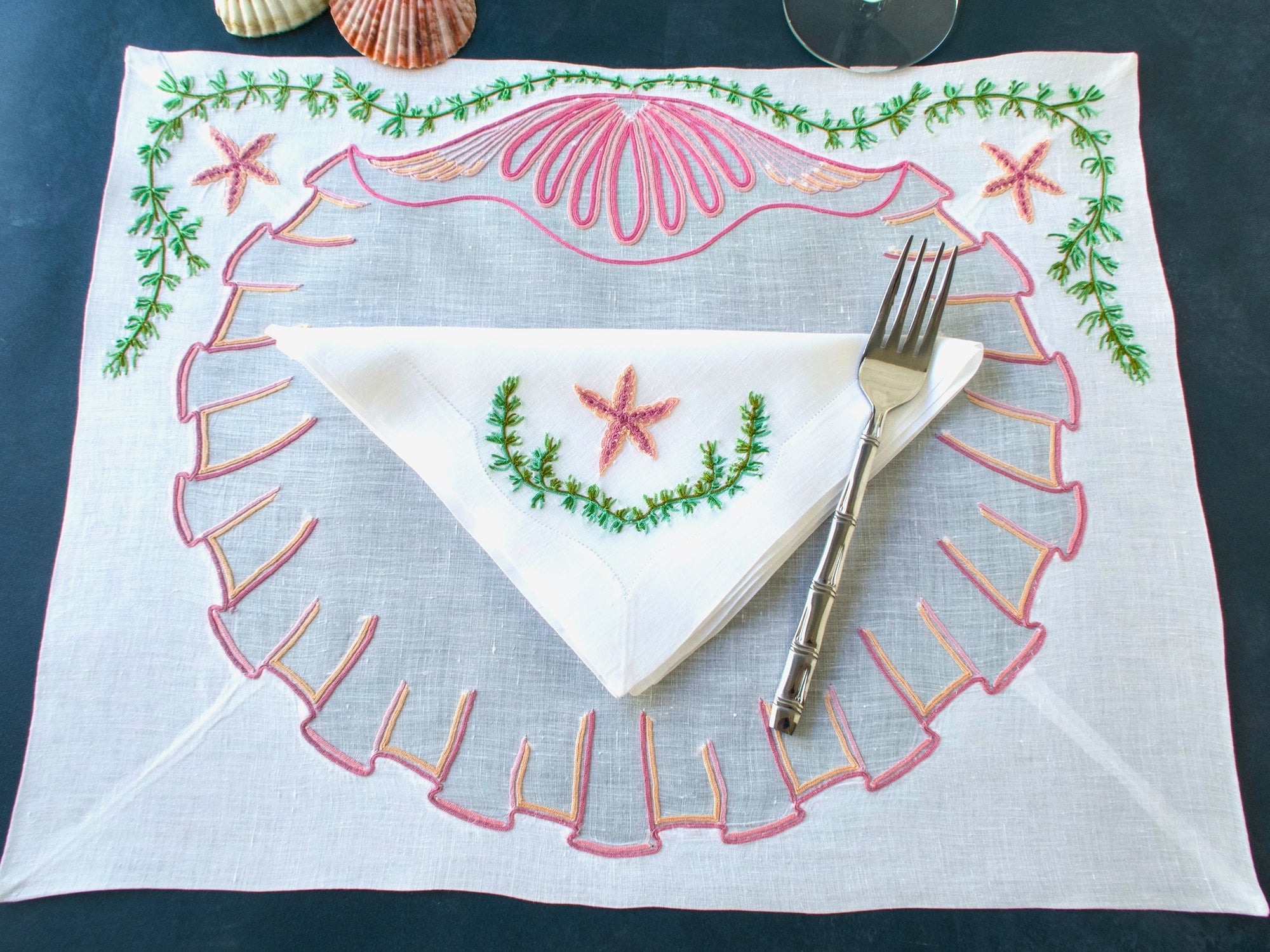 Starfish & Shells in Vintage French Beauvais Embroidery 16pc Placemat Set for 8