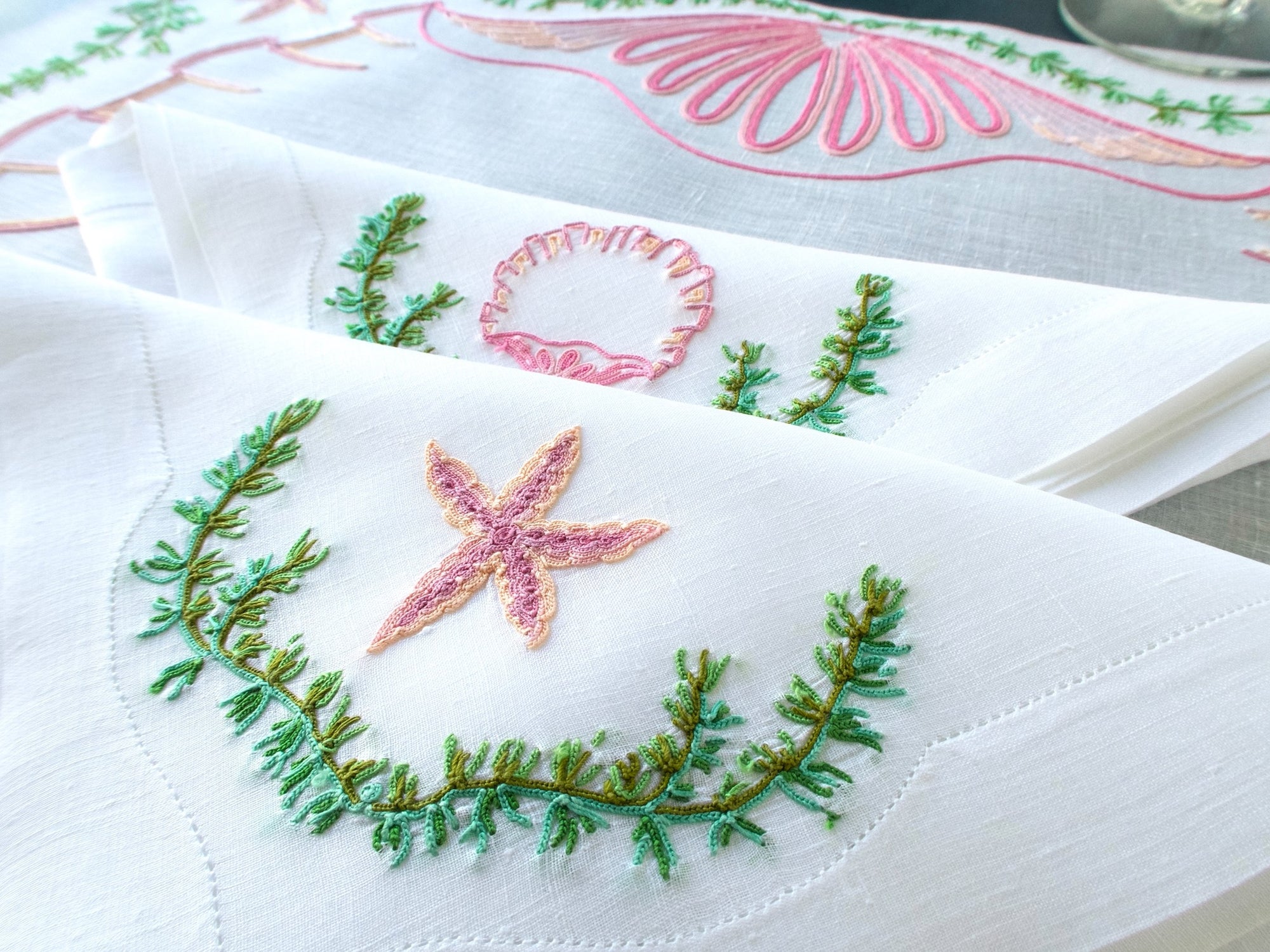 Starfish & Shells in Vintage French Beauvais Embroidery 16pc Placemat Set for 8