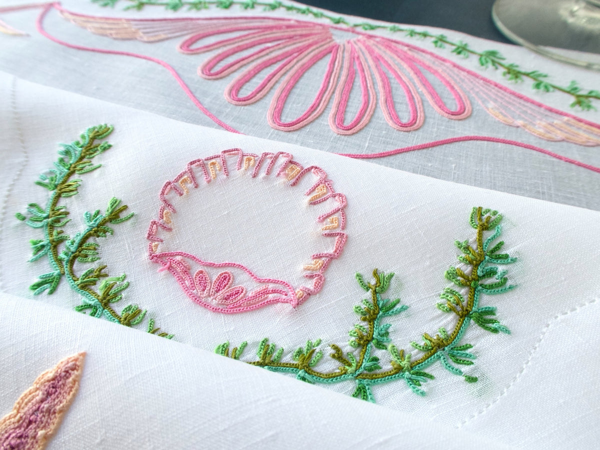 Starfish &amp; Shells in Vintage French Beauvais Embroidery 16pc Placemat Set for 8