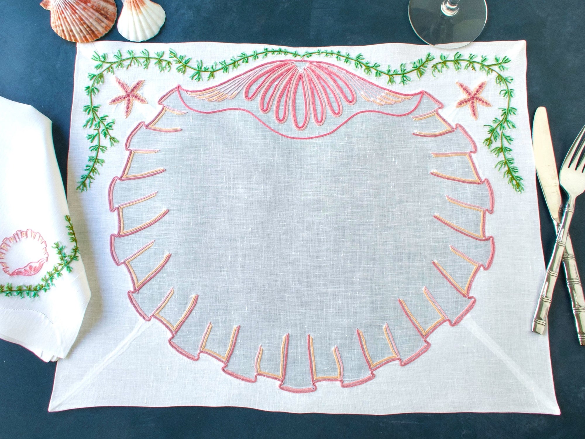 Starfish & Shells in Vintage French Beauvais Embroidery 16pc Placemat Set for 8