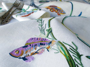 Vintage D Porthault Fish & Seaweed 142" Tablecloth & 12 Napkins
