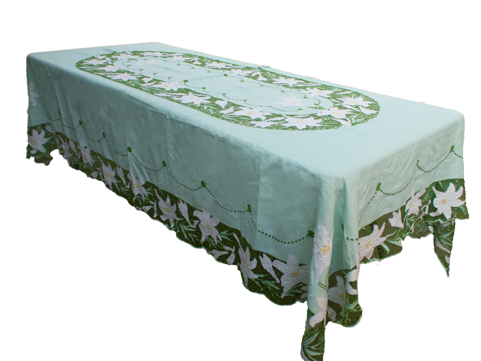 Lilies Vintage Madeira Richelieu Green Tablecloth 66x102 with 12 Napkins