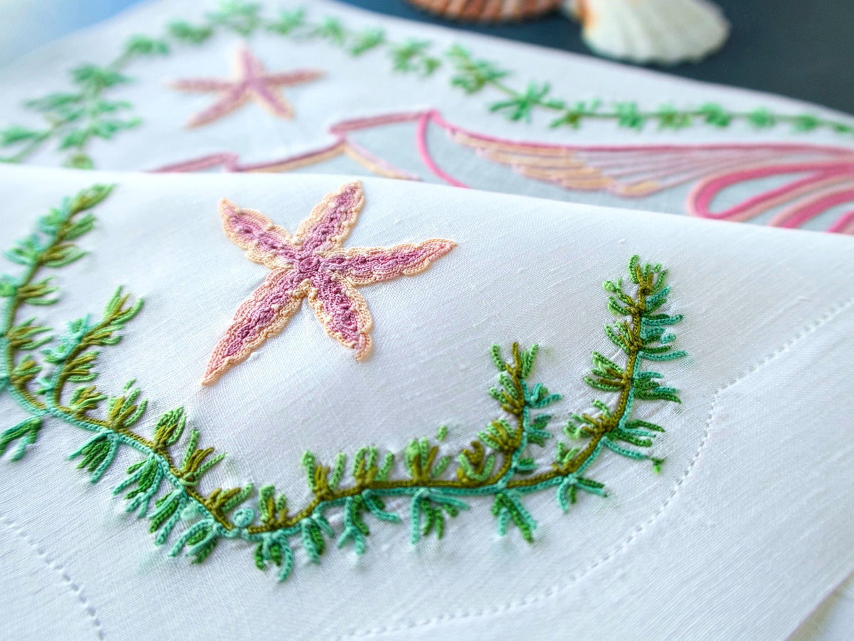 Starfish &amp; Shells in Vintage French Beauvais Embroidery 16pc Placemat Set for 8
