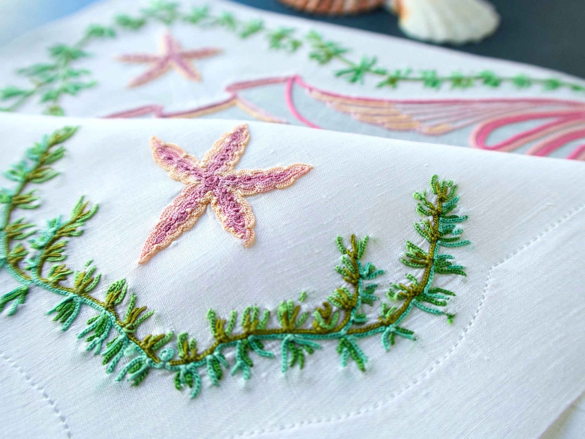 Starfish & Shells in Vintage French Beauvais Embroidery 16pc Placemat Set for 8