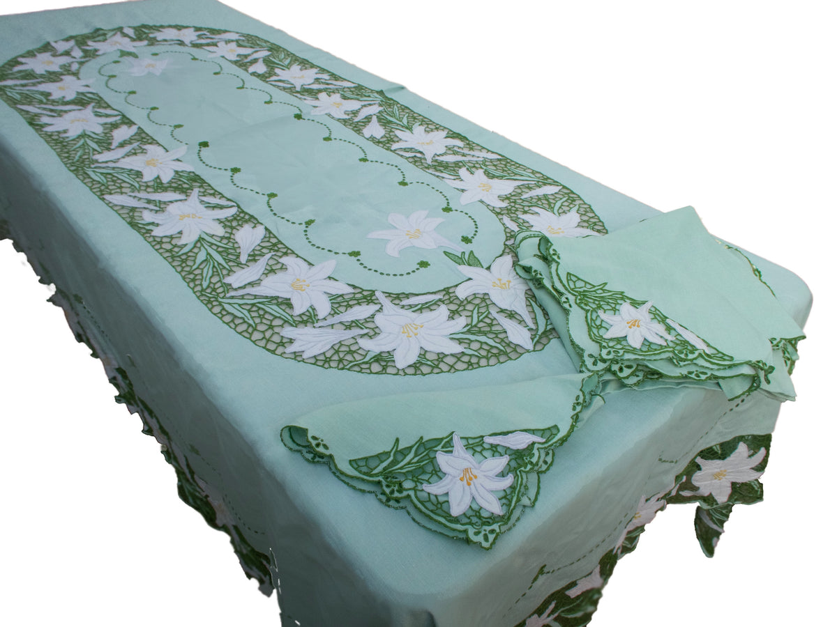 Lilies Vintage Madeira Richelieu Green Tablecloth 66x102 with 12 Napkins