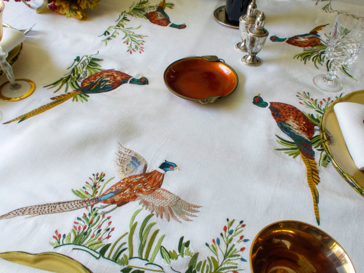 Vintage D Porthault Pheasants 148&quot; Oval Tablecloth &amp; 12 Napkins