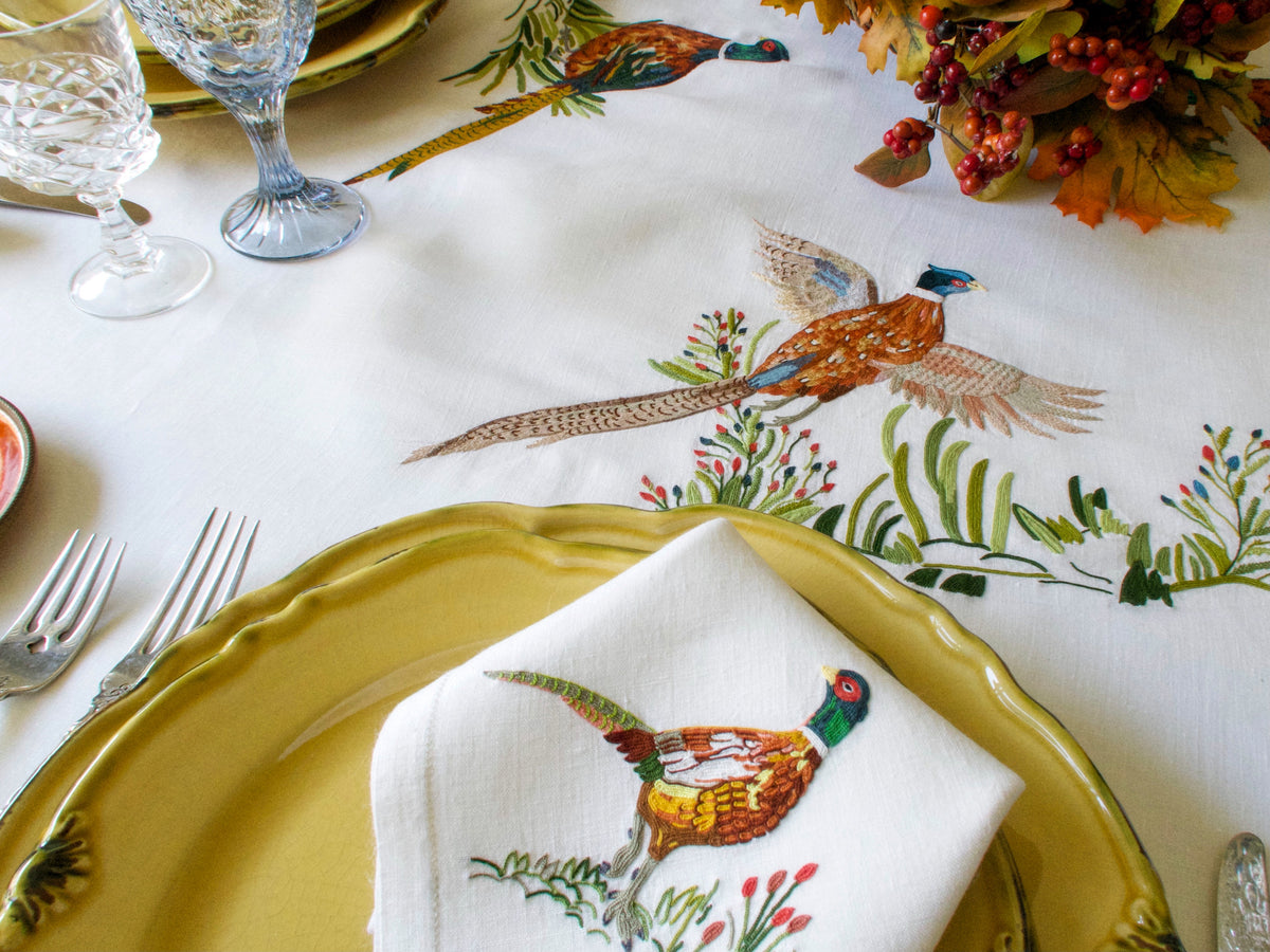 Vintage D Porthault Pheasants 148&quot; Oval Tablecloth &amp; 12 Napkins