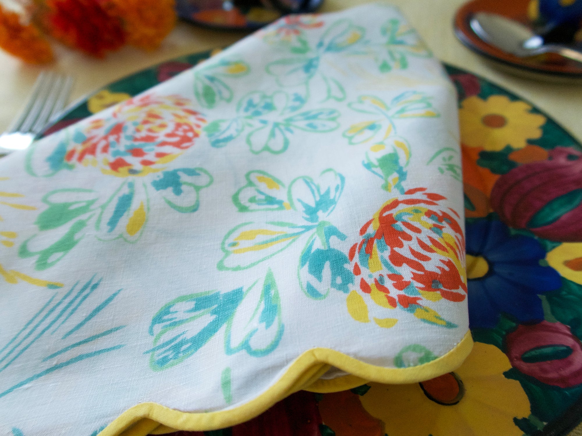 Vintage D Porthault Floral Linen Table Napkins, Set of 12