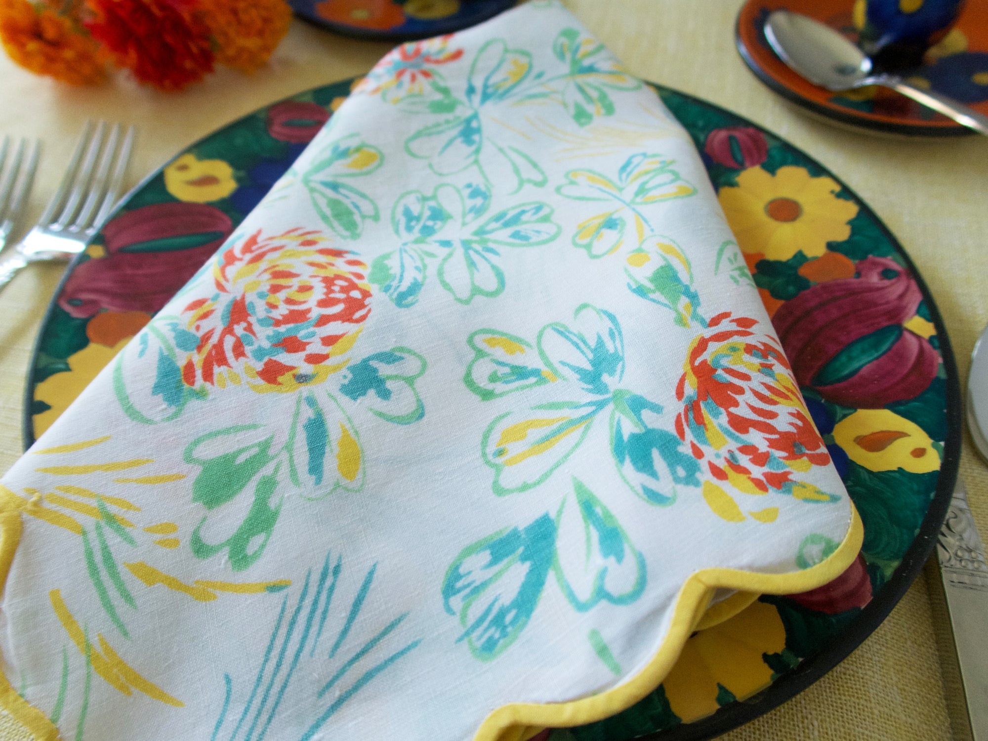 Vintage D Porthault Floral Linen Table Napkins, Set of 12