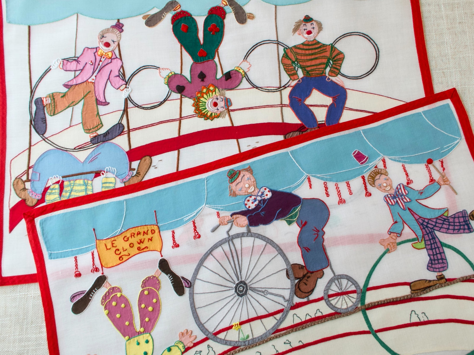 Vintage Italian Circus Placemats, Hand Embroidered, Set of 8