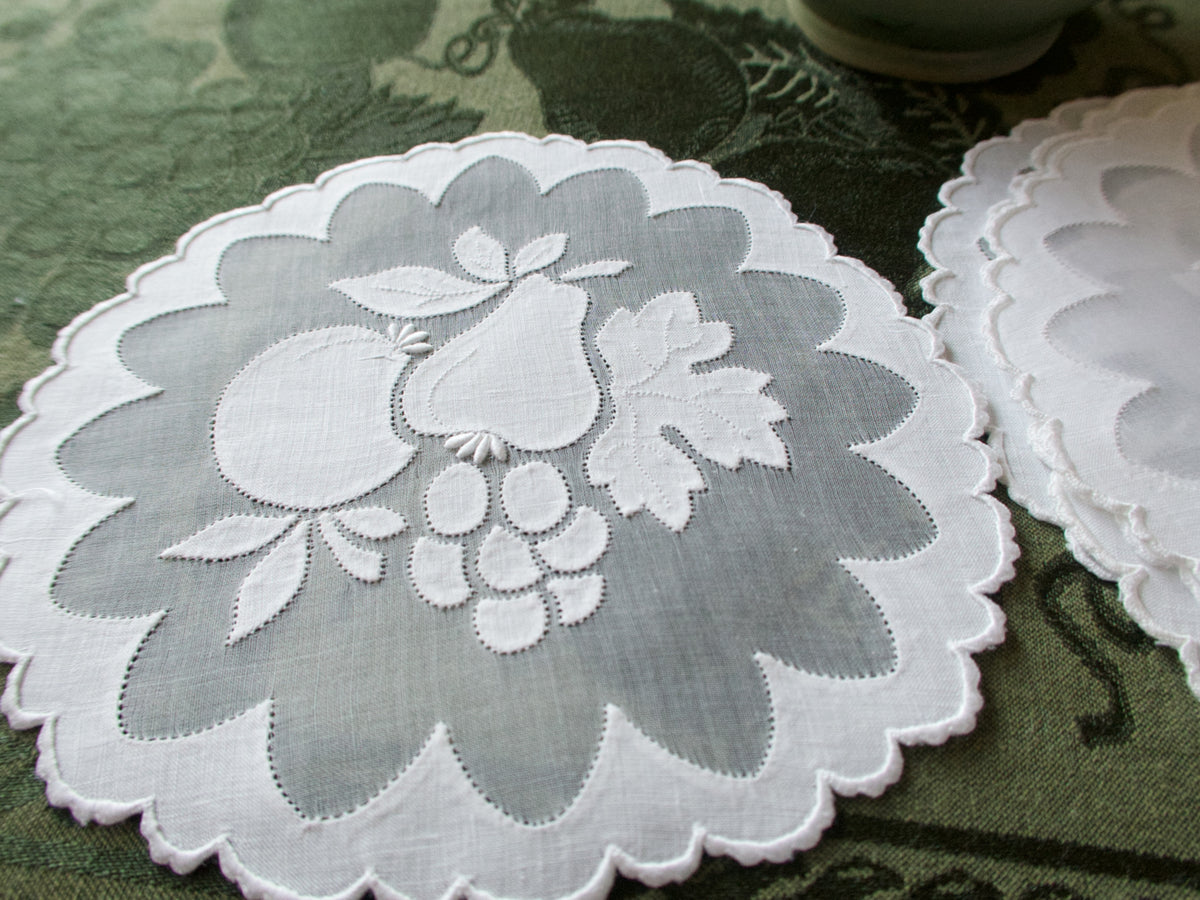Fruits in Whitework Vintage Madeira Cocktail Rounds Napkins, Set of 6