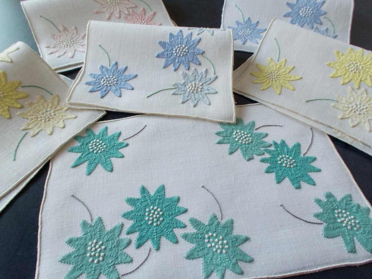 Mid Century Modern Flowers Vintage Madeira Cocktail Napkins, Set of 6